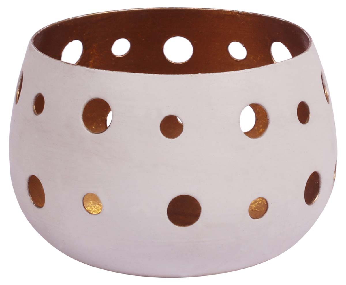 Round-Shaped Tea-Light Candle Holder - Cast in Iron - White Exteriors & Copper Finish Interiors - Circle-Shaped Cut-Outs - Metal Votive Candle Stands - Party Decorations - Gifts from India - Buy in Bulk Wholesale